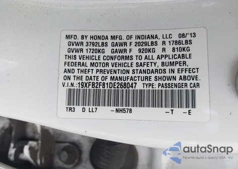 2013 Honda Civic Ex z USA, uszkodzony, nr VIN 19XFB2F81DE268047